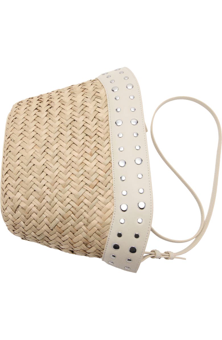MANGO Studded Raffia Bucket Bag, Alternate, color,
