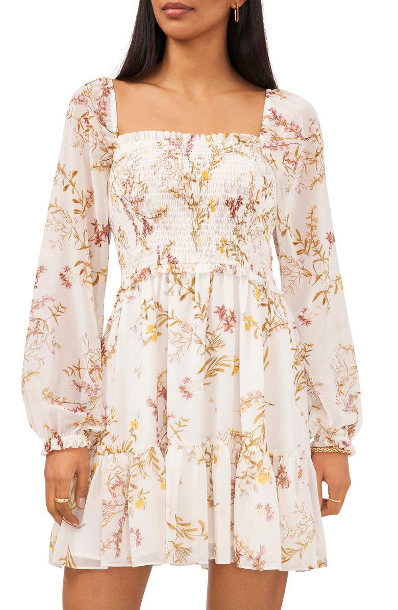 1.STATE Smocked Square Neck Long Sleeve Dress, Alternate, color, 