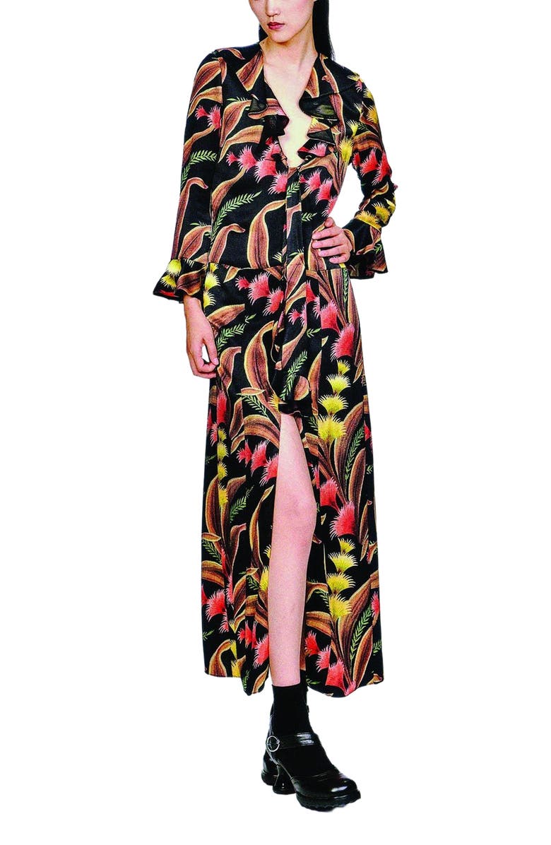 Anna Sui Feather Fern Ruffle Tie Dress, Alternate, color, Black Multi