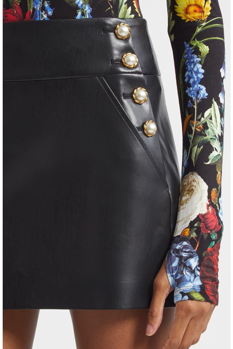 Donald Button Trim Faux Leather Miniskirt, Alternate, color, BLACK