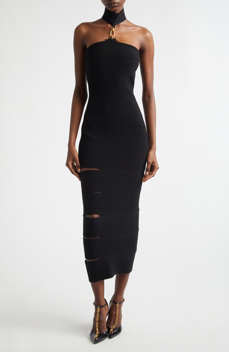 Balmain Cutout Chain Detail Rib Sweater Dress, Main, color, 0Pa Black
