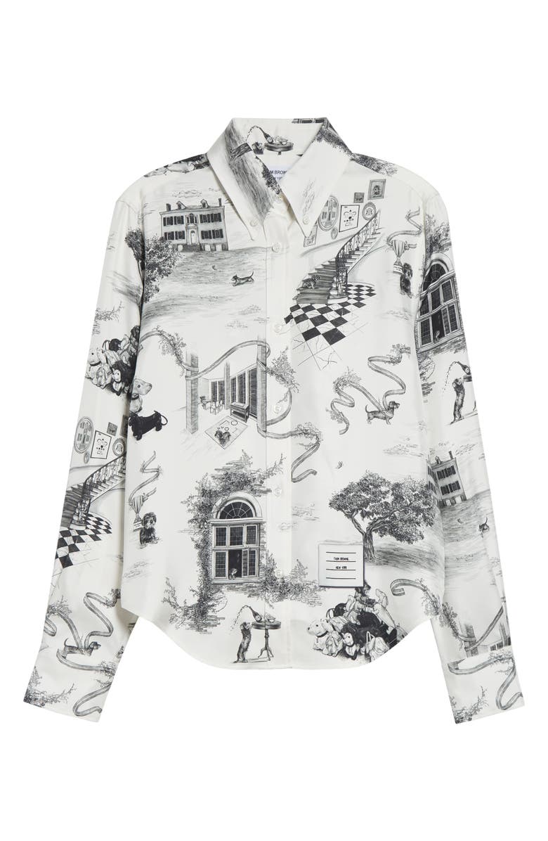 Thom Browne Hector Toile Silk Twill Button-Down Shirt, Main, color, Black/ White