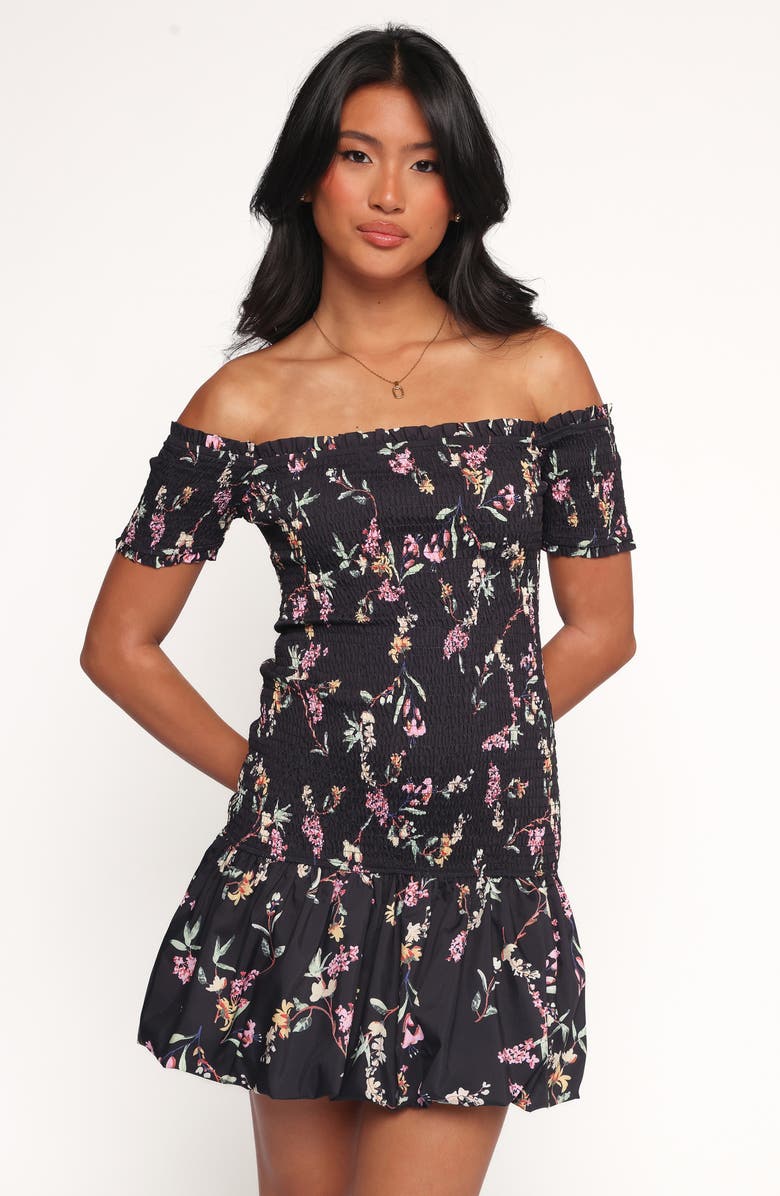 Petal & Pup Lewis Smocked Off the Shoulder Minidress, Alternate, color, Black Floral
