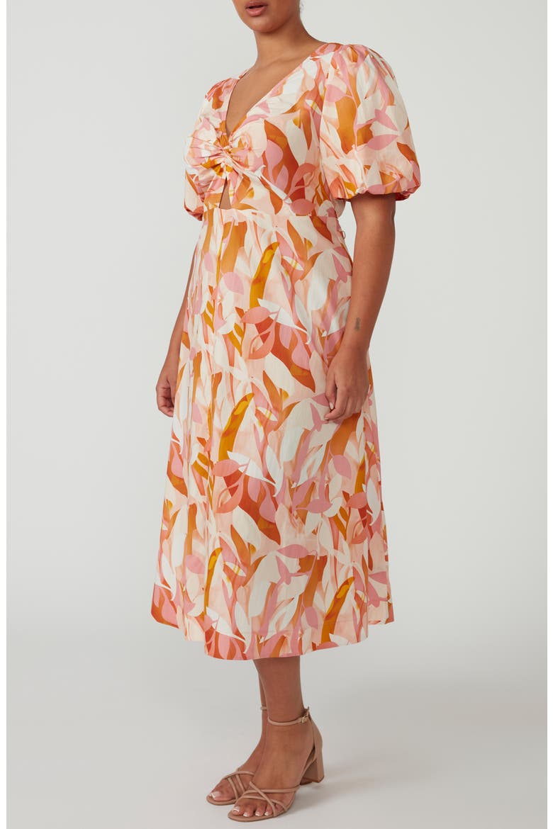 Aura Cascade Puff Sleeve Cotton Midi Dress, Alternate, color, PRINT