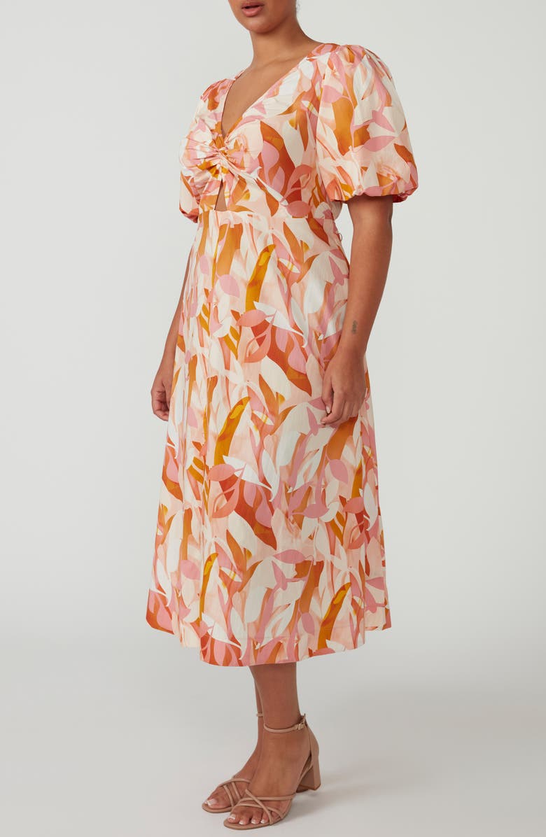 Estelle Aura Cascade Puff Sleeve Cotton Midi Dress, Alternate, color, Print