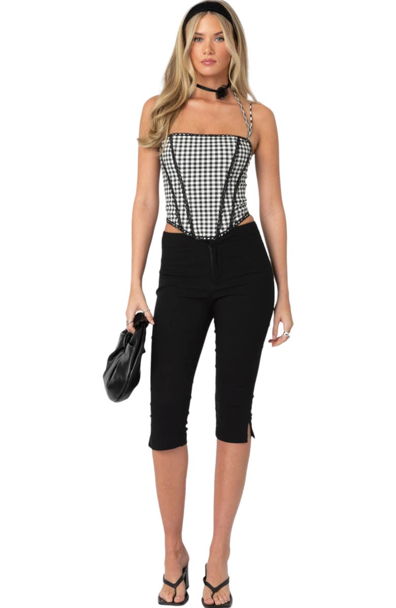 EDIKTED Gingham Lace Trim Corset Camisole, Alternate, color, Black-And-White