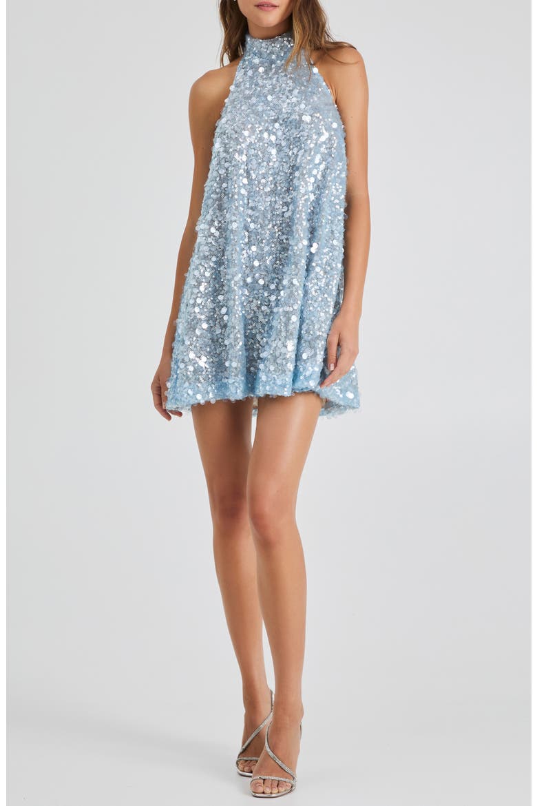 Megan Sequin Halter Trapeze Minidress, Main, color, ICY BLUE