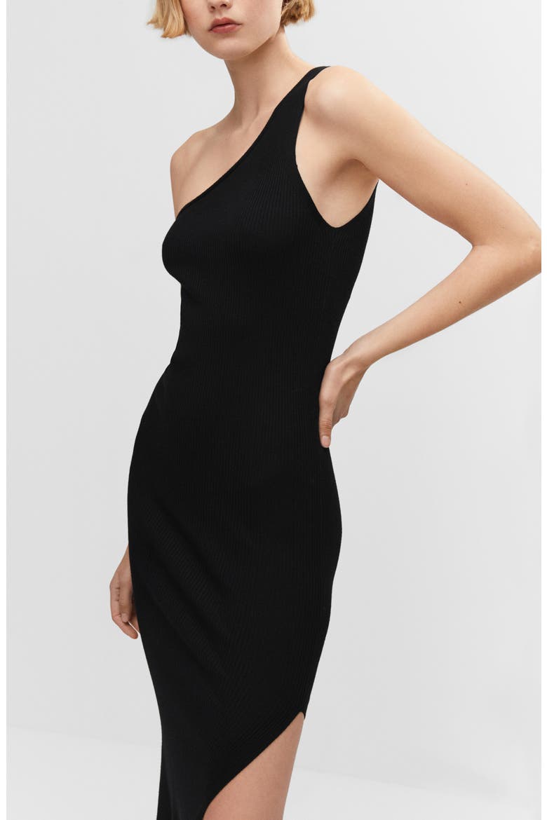 One-Shoulder Side Slit Rib Midi Dress, Alternate, color, BLACK