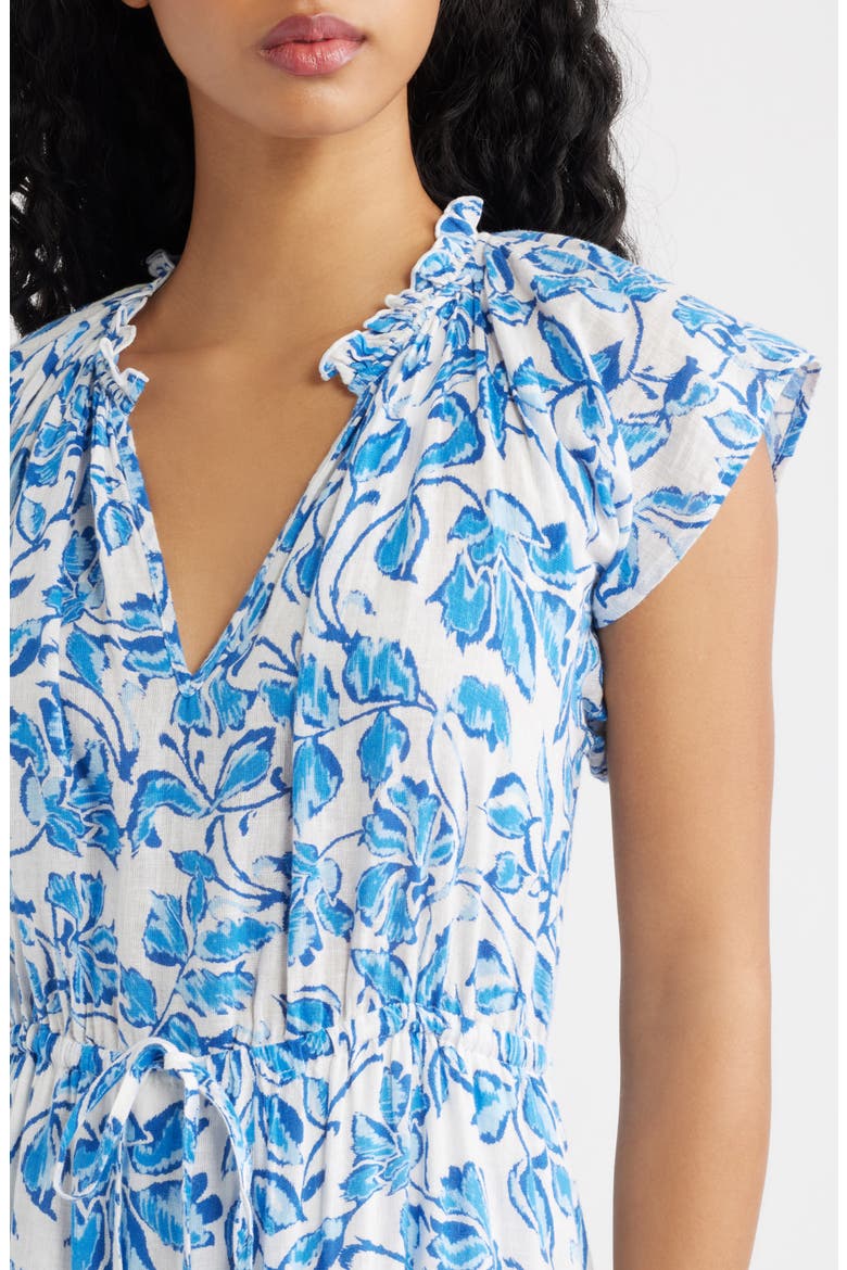 Juni Floral Tie Waist Linen Blend Midi Dress, Alternate, color, AZURE JASMINE