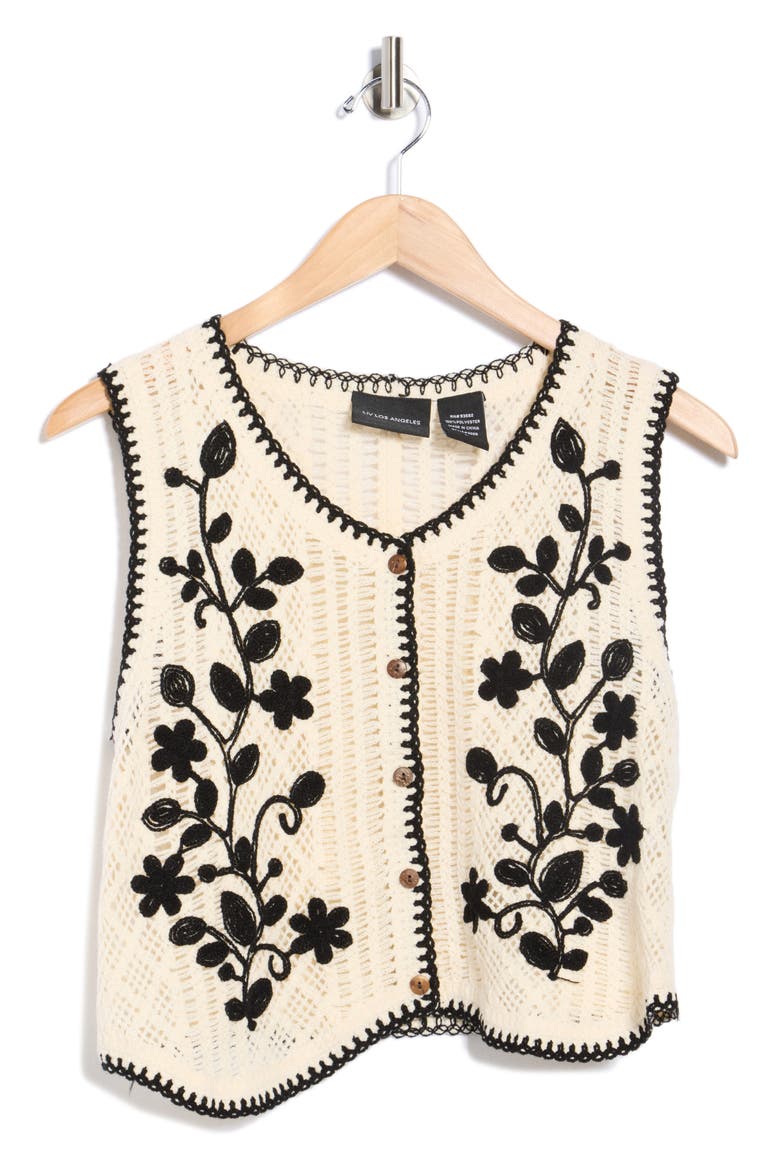 Floral Embroidered Open Knit Button Tank, Alternate, color, NATURAL/ BLACK