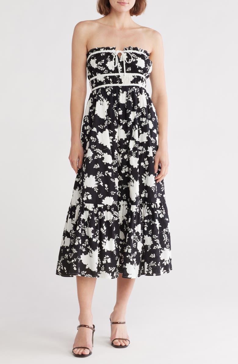 Lush Contrast Strapless Midi Dress, Main, color, Black White