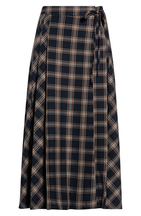 Check Wrap Midi Skirt