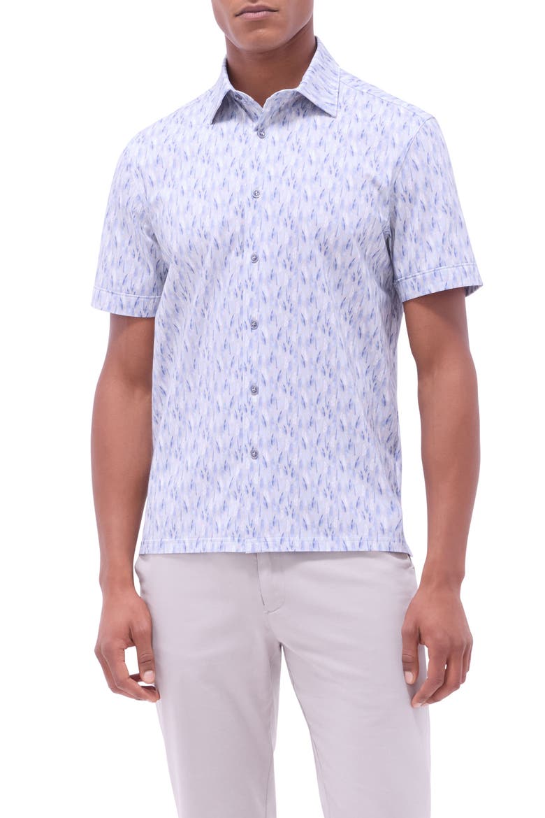 Milo OoohCotton® Feather Print Short Sleeve Button-Up Shirt, Main, color, SAND