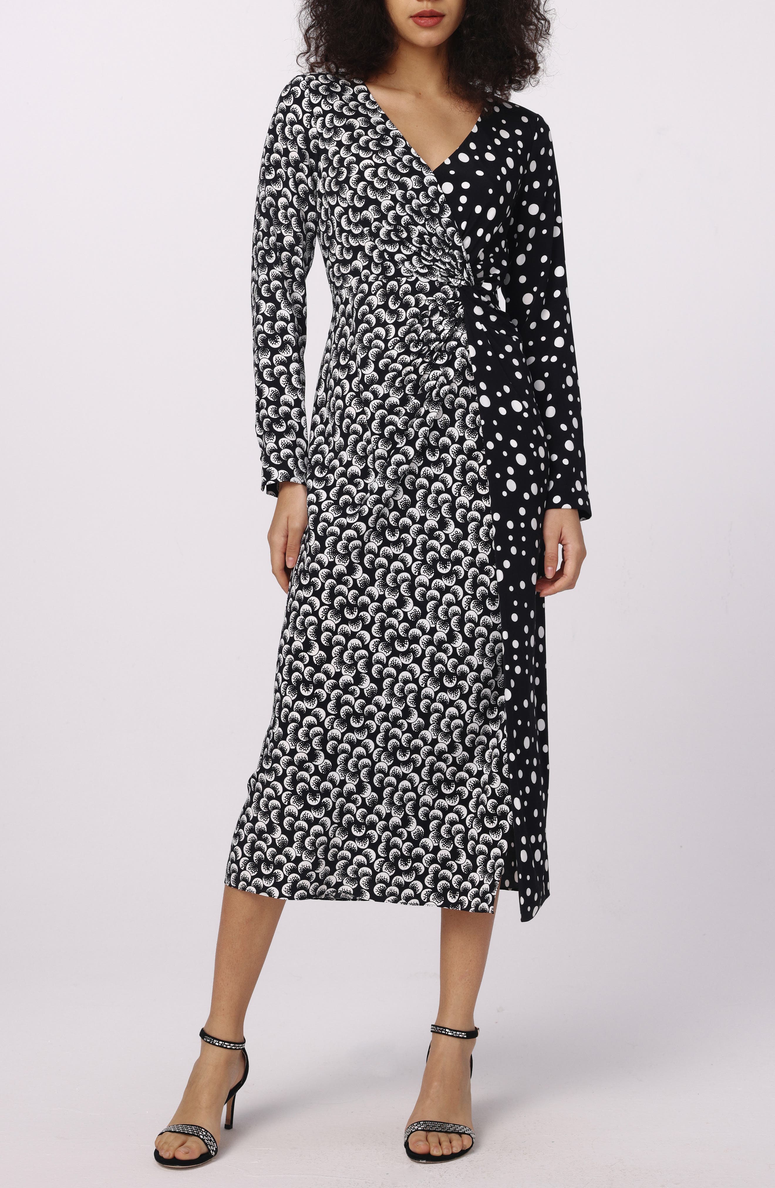 DVF Zania Mix Print Long Sleeve Midi Dress in Spot Light/Moon Landing Sm 