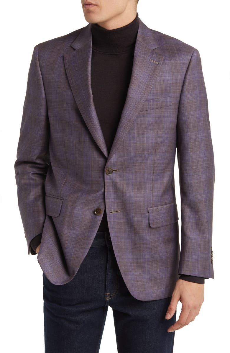 Peter Millar Tailored Fit Plaid Wool Sport Coat, Main, color, Dark Red