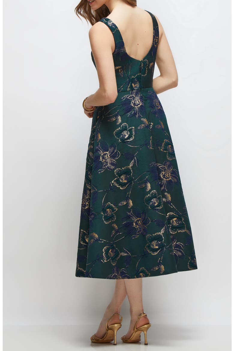 Metallic Square Neck Jacquard Midi Cocktail Dress, Alternate, color, EVERGREEN FLORAL