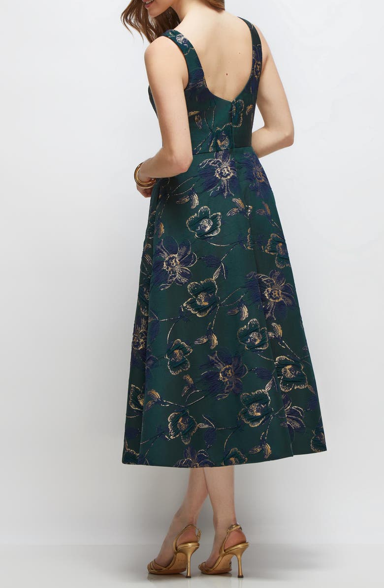 Dessy Collection Metallic Square Neck Jacquard Midi Cocktail Dress, Alternate, color, Evergreen Floral