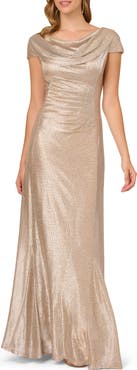 Adrianna Papell Metallic Drape Neck Gown