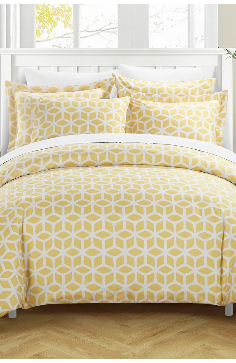 CHIC Queen Avaline Geometric Diamond Printed Reversible Duvet Cover 3-Piece Set - Yellow, Main, color, 