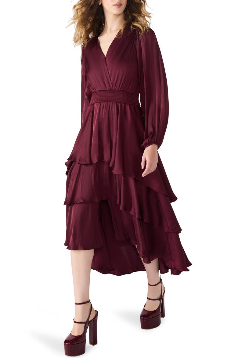 Bei Long Sleeve Tiered Satin Midi Dress, Alternate, color, WINE
