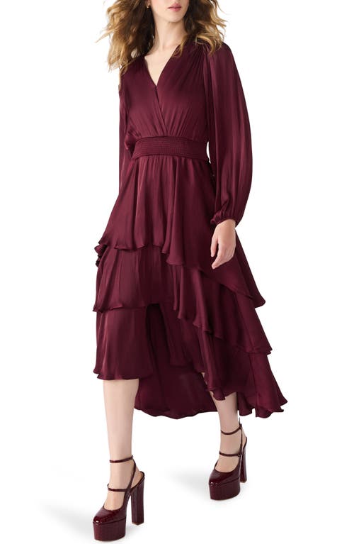 Steve Madden Bei Long Sleeve Tiered Satin Midi Dress In Animal Print