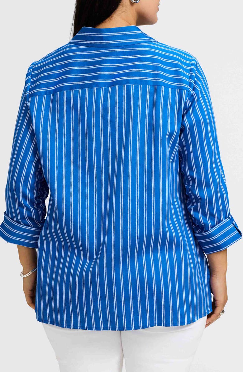 Foxcroft Evelyn Stripe Three-Quarter Sleeve Cotton Button-Up Shirt, Alternate, color, Cobalt Blue White