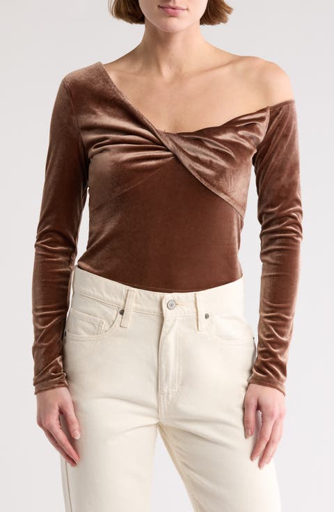 Knotted One-Shoulder Velvet Top
