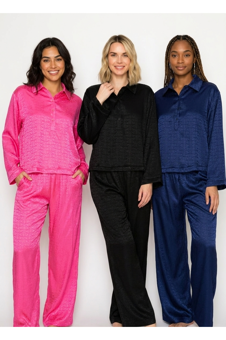 Silky Jacquard Satin Long Sleeve & wide Leg Pajama set, Alternate, color, Raspberry
