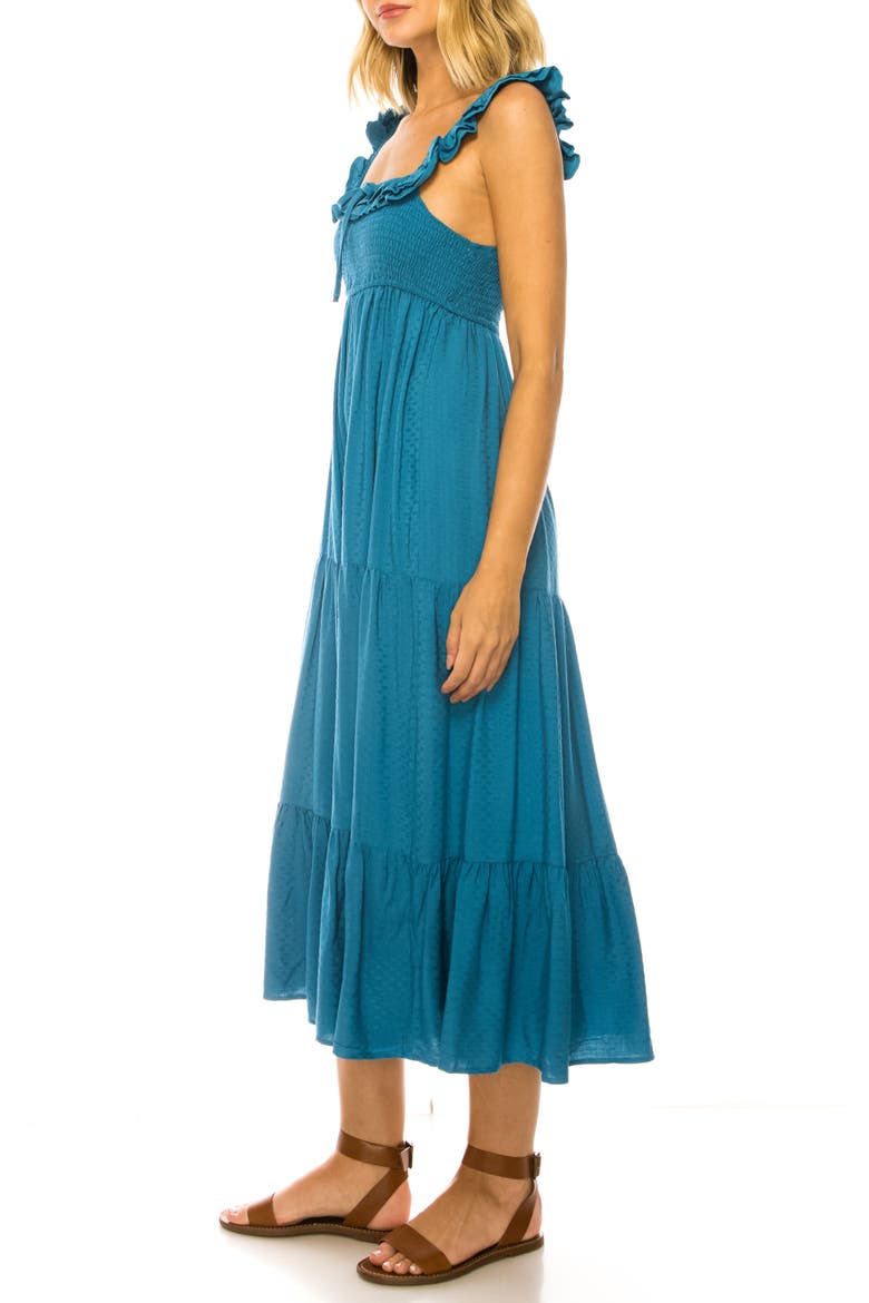 Ruffle Trim Swiss Dot Tiered Midi Dress, Alternate, color, FADED DENIM