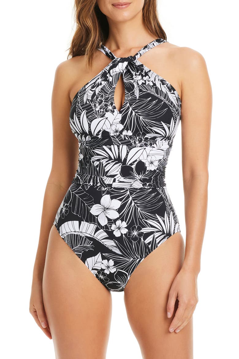 Mio High Neck One-Piece Swimsuit, Main, color, BLACK