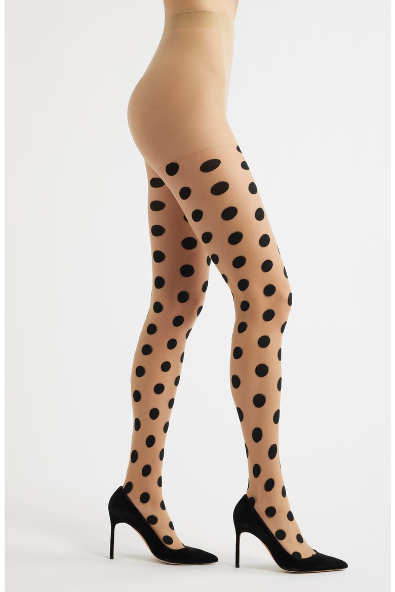 Spotlight Polka Dot Jacquard Sheer Tights, Main, color, NUDE