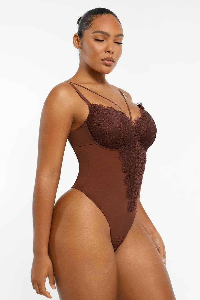 Sheer Lace Mesh Bodysuit with Shaping, Alternate, color, Espresso