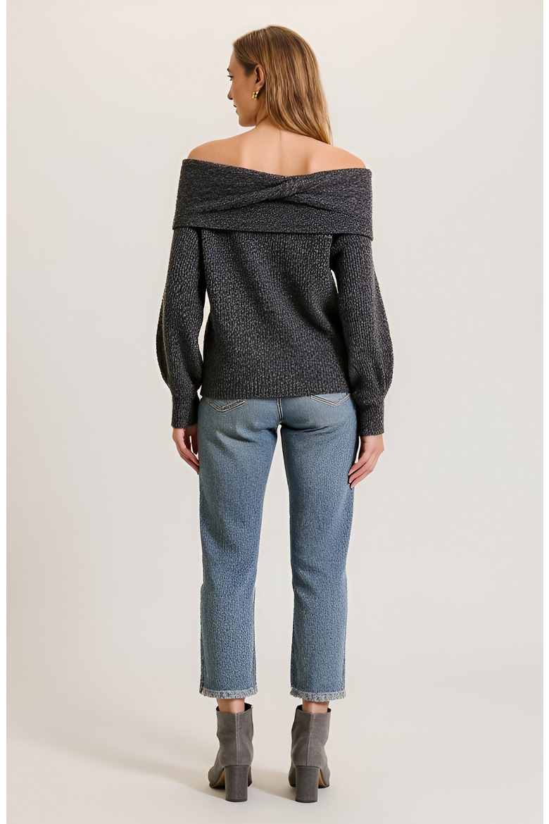 Off-Shoulder Sweater with Twisted Neckline and Balloon Sleeves, Alternate, color, Black