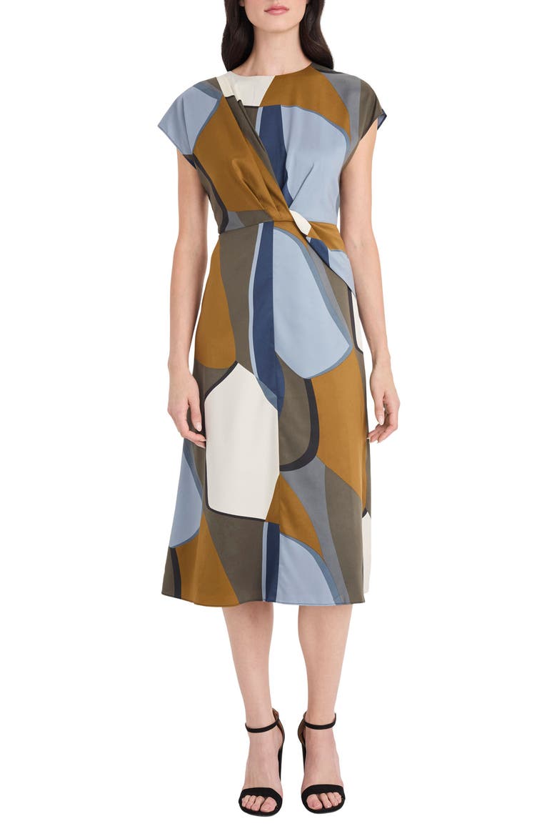 Printed Cap Sleeve Midi Dress, Main, color, BLUE/ NAVY