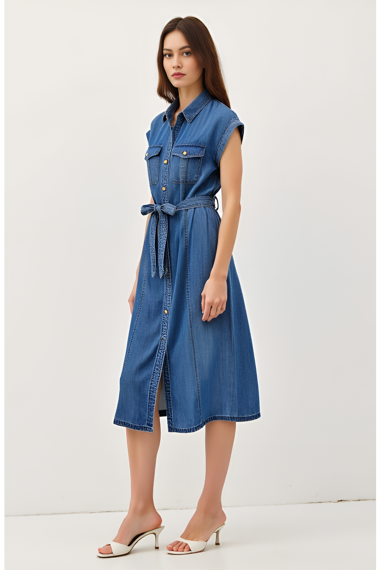 Sleeveless Denim Midi Shirt Dress with Button Front and Tie Waist, Alternate, color, Blue