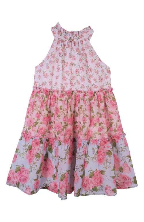 Zunie Kids' Halter Neck Tiered Floral Print Dress In Pink Multi