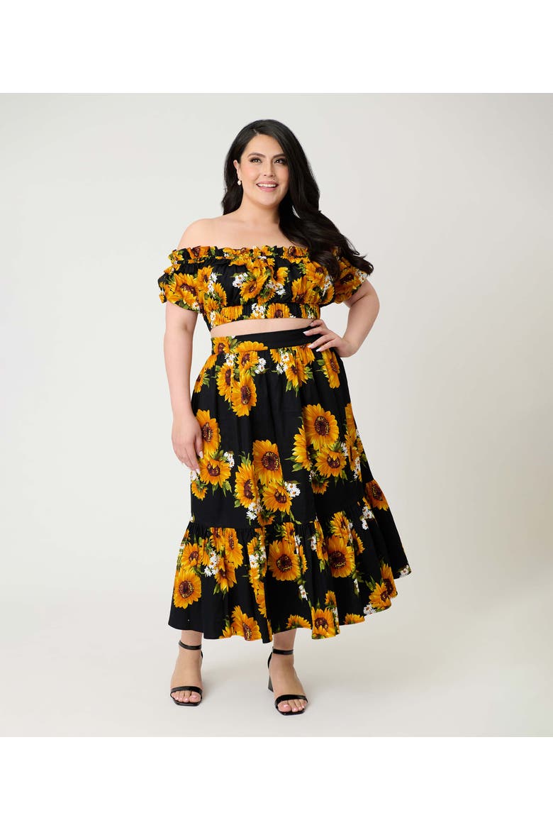 Plus Size Tiered Midi Skirt, Main, color, Black Sunflower Print