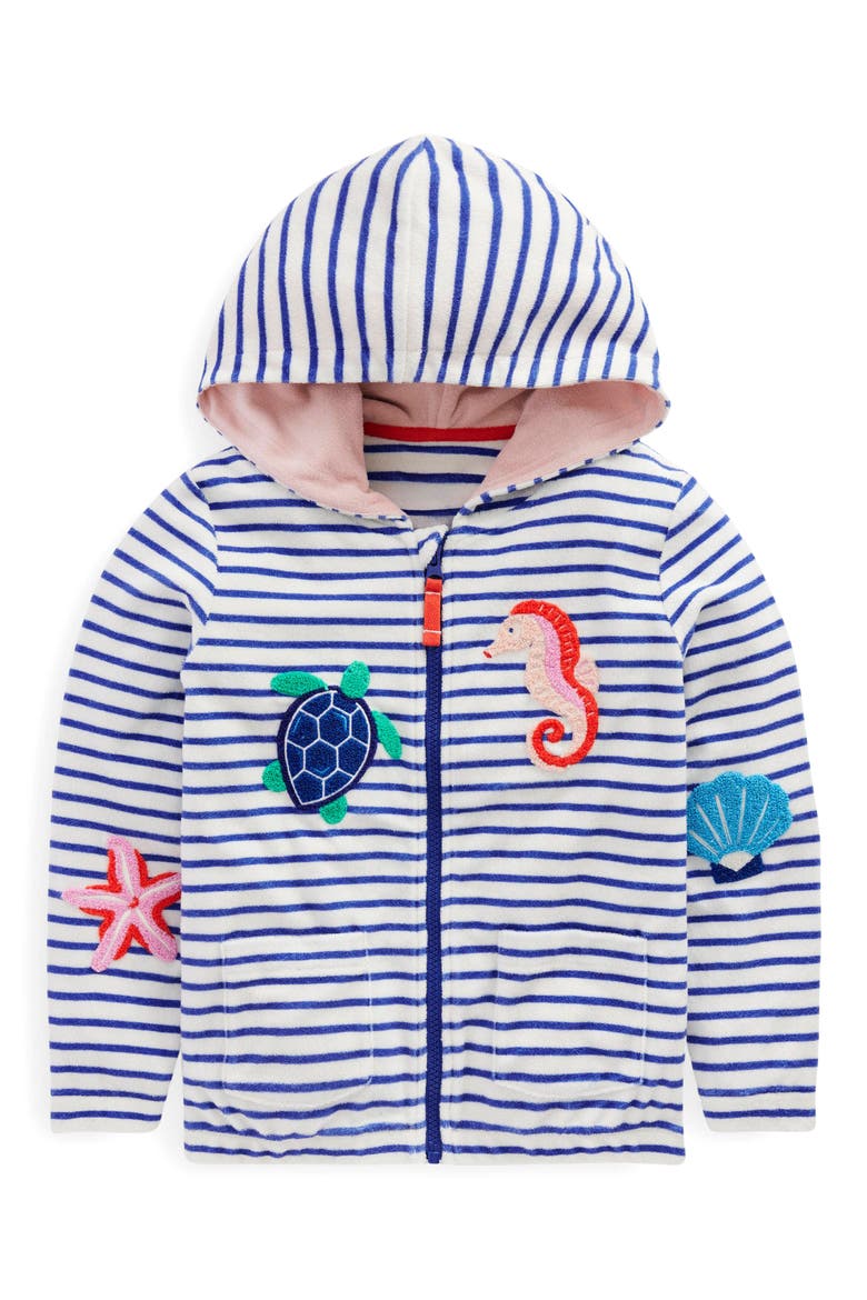 Kids' Stripe Sea Creature Embroidered Terry Cloth Zip-Up Hoodie, Main, color, IVORY/ BRIGHT BLUE SEA STRIPE