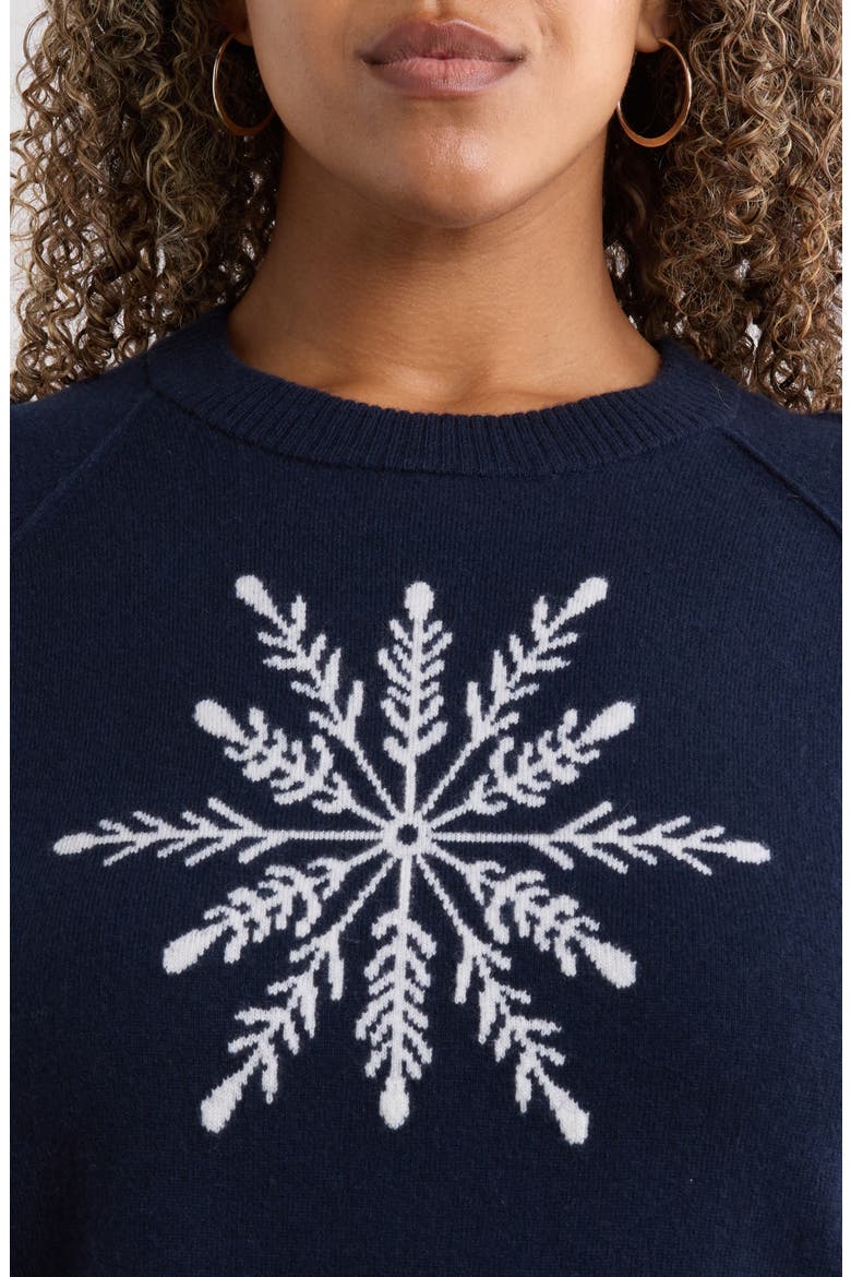 Wool and Cashmere Intarsia Crewneck Sweater, Alternate, color, NAVY- IVORY SNOWFLAKE