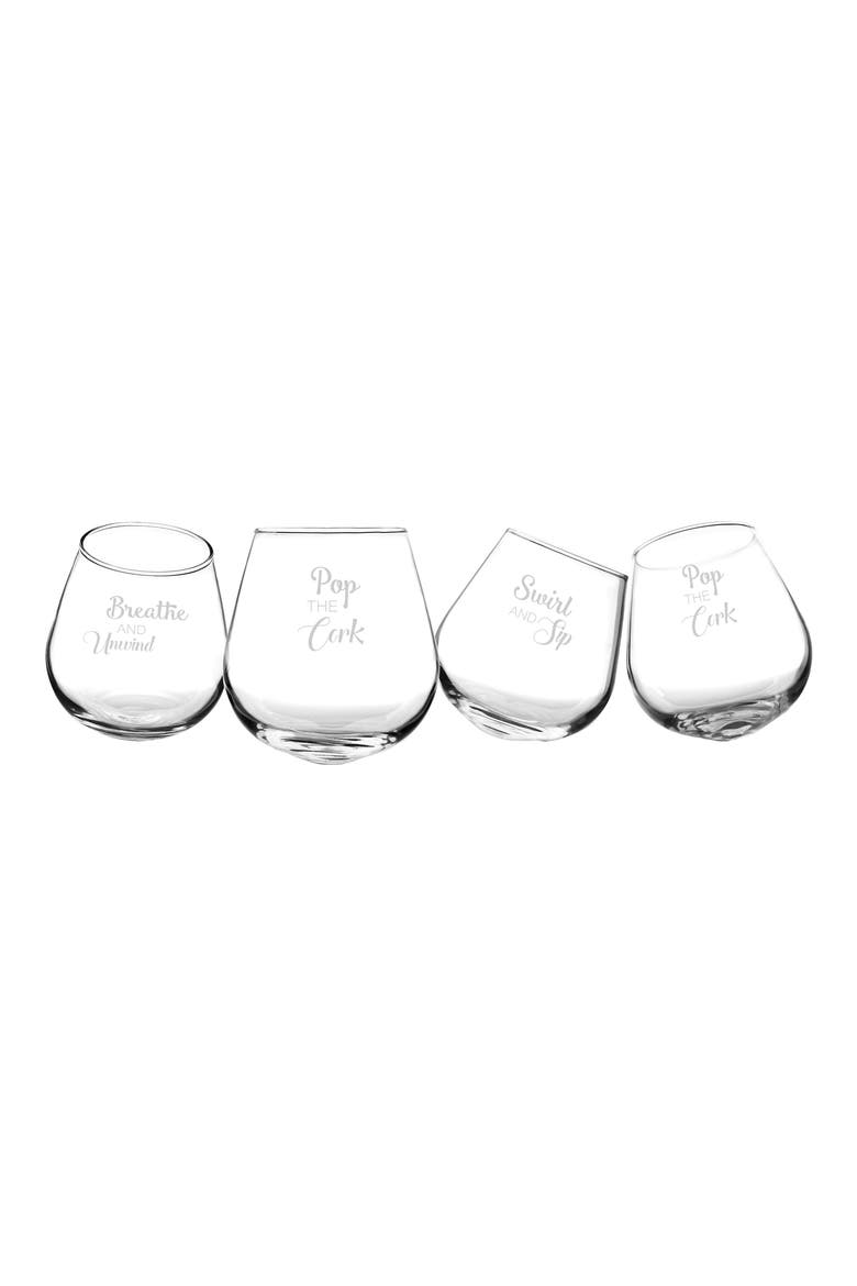 Pop the Cork Tipsy Set of 4 Stemless Wine Glasses, Main, color, CLEAR