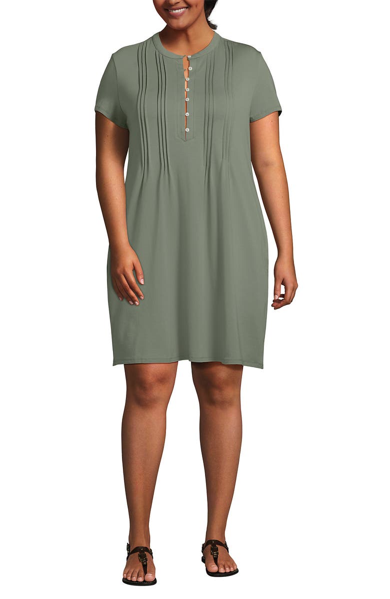 Lands' End Cotton Modal Pintuck Short Sleeve Dress, Main, color, Sage