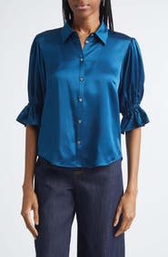 Cinq à Sept Fiona Ruffle Cuff Silk Button-Up Shirt
