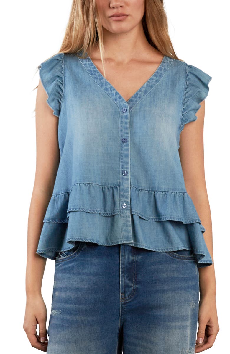 HINT OF BLU Ruffle Cloud Denim Top, Alternate, color, Cloud Denim