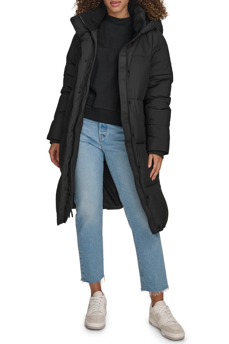 Water Resistant Mid Length Hooded Puffer Jacket, Main, color, BLACK