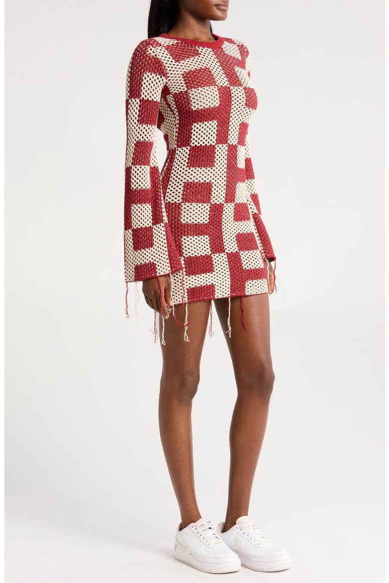 Long Sleeve Openwork Mini Sweater Dress, Alternate, color, BRICK
