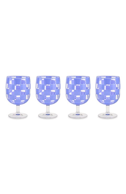Set of 4 Blue Check Acrylic Water Goblets