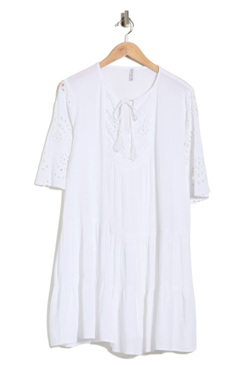 Eyelet Short Sleeve Cover-Up, Alternate, color, WHITE