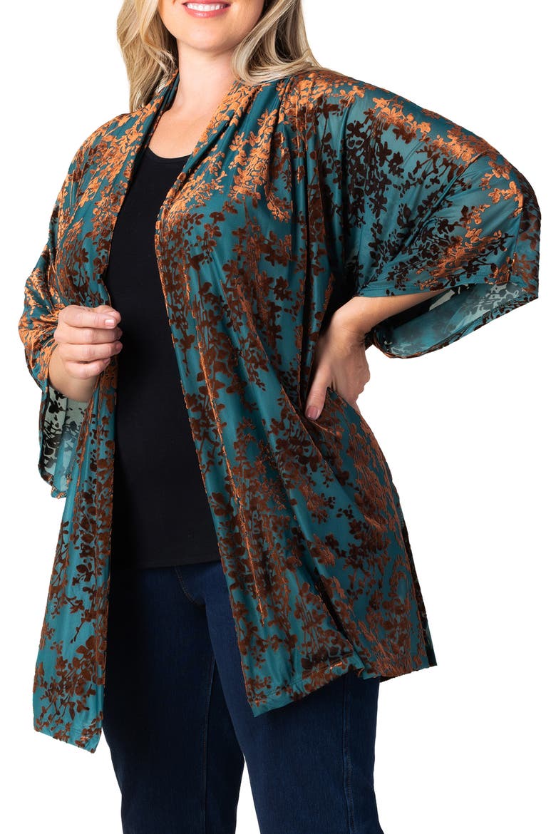 Dahlia Burnout Velvet Cardigan, Alternate, color, TEAL BURNISHED BRANCHES