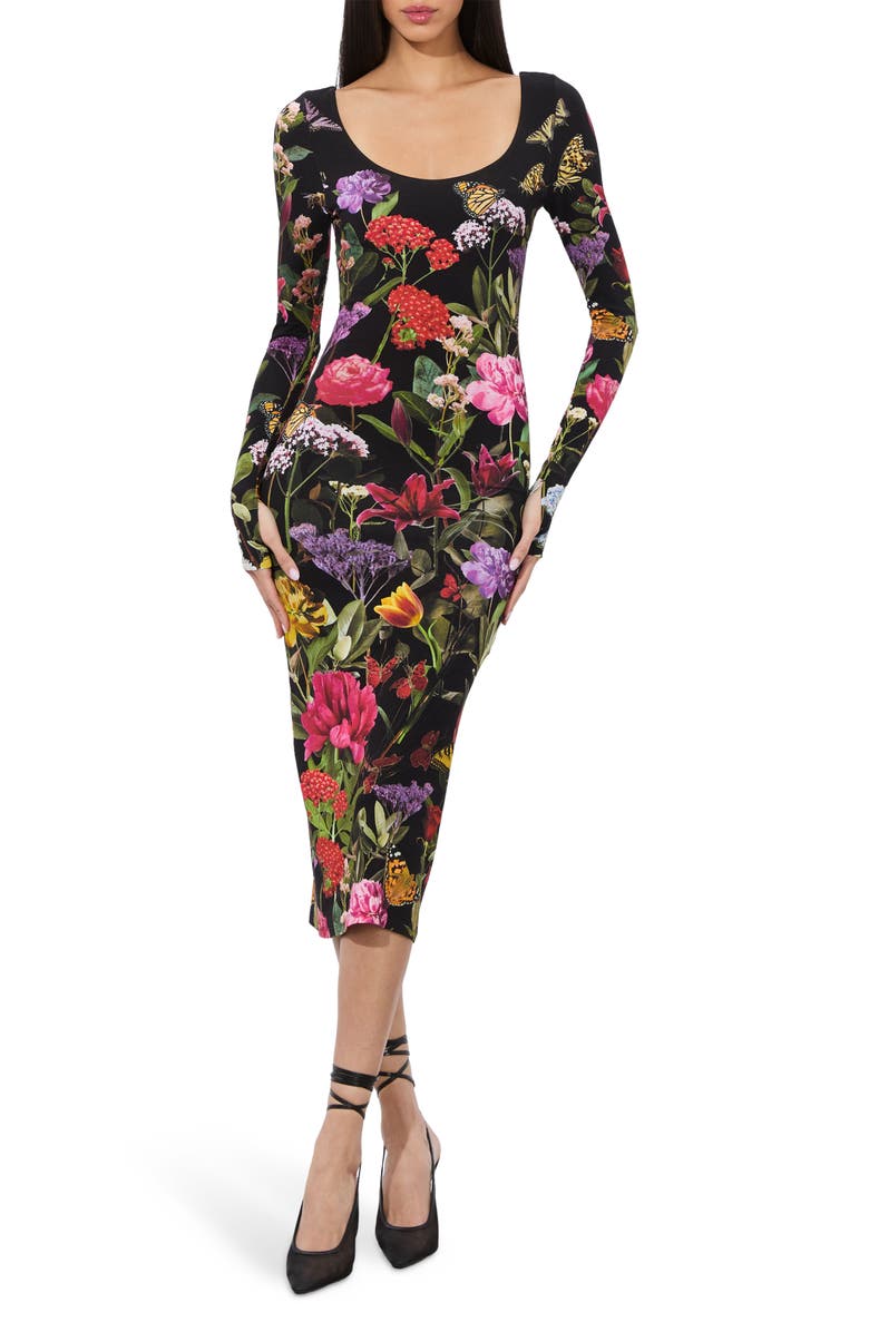 Alice + Olivia Delora Floral Long Sleeve Body-Con Midi Dress, Main, color, Secret Garden