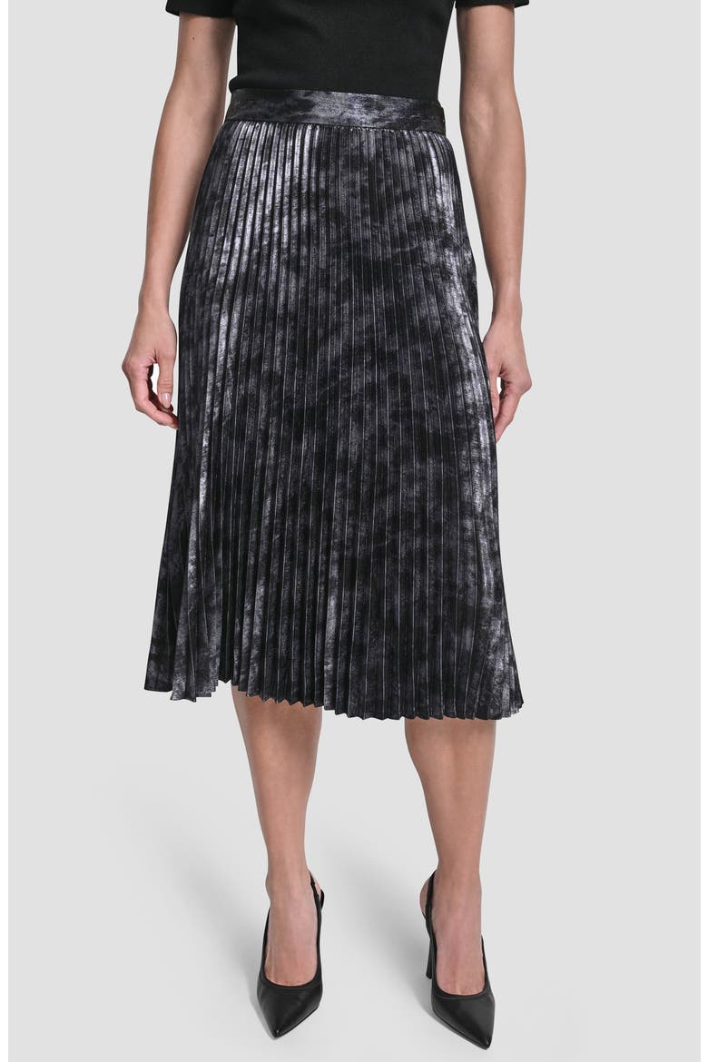 Metallic Oil Spill Pleated Midi Skirt, Main, color, GUNMETAL